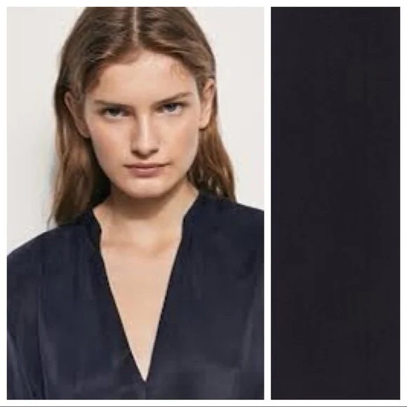 Massimo Dutti Cupro V-Neck Navy Blue Midi Dress - Picture 2 of 5